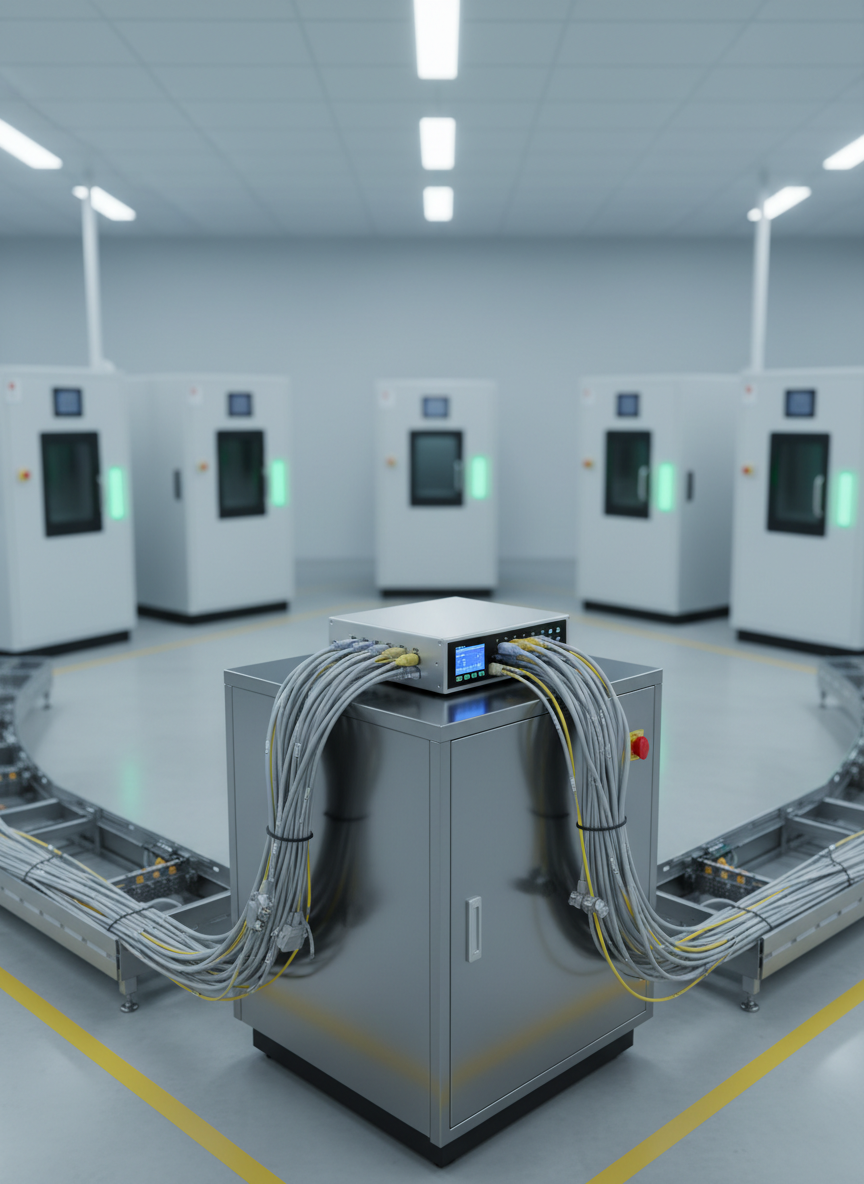 A high-speed SECSGEM device acting as a central hub between multiple pieces of semiconductor manufacturing equipment, represented by clean, modern, anonymous tool enclosures with illuminated status panels. The hub sits on a polished industrial control cabinet, with labeled Ethernet, serial, and fieldbus connections radiating out in an organized pattern. Cool white overhead factory lighting creates even illumination with subtle shadows that emphasize cable routing and connectors. Photographic realism, captured from a slightly elevated angle using the rule of thirds, showing the device prominently while the background tools gently blur. The atmosphere is efficient, methodical, and highly professional, conveying robust interoperability and brilliant system coordination on the production floor.