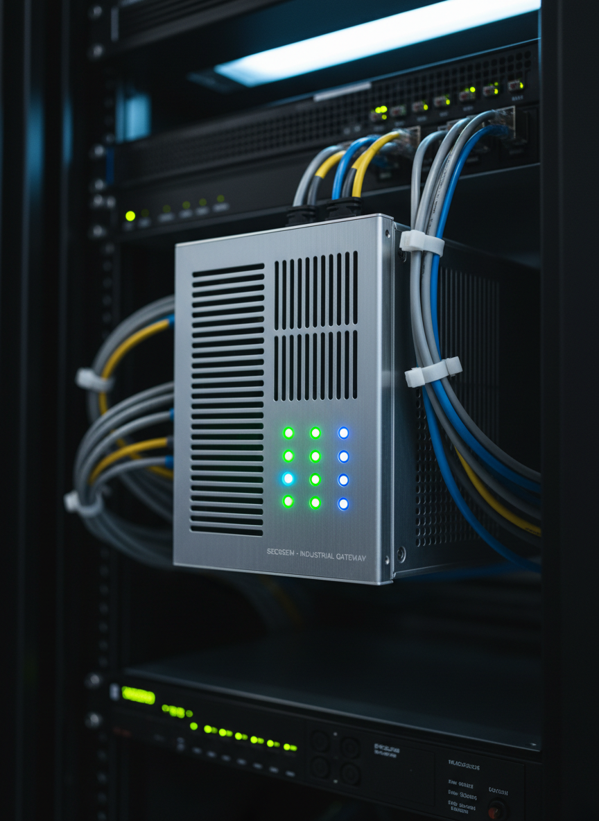 A sleek SECSGEM industrial electronics gateway device with a brushed aluminum chassis, precise ventilation slots, and status LEDs glowing green and blue along the front panel. The unit is mounted in a modern 19-inch server rack, surrounded by neatly routed industrial-grade cables in subtle color coding. Cool, diffused overhead LED lighting reflects softly off the metal surfaces, creating crisp highlights and clean shadows. Photographic realism, eye-level composition with a slight three-quarter angle, sharp focus on the device and a gently blurred background of other equipment. The atmosphere is highly professional, precise, and technologically advanced, emphasizing reliability and high-speed communication in a clean, organized control room environment.