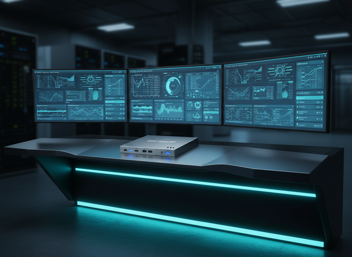 An industrial control room console featuring a SECSGEM interface device integrated neatly beneath a trio of ultra-wide, frameless displays. The screens show abstract but realistic semiconductor tool status diagrams, message traffic graphs, and clean diagnostic dashboards in cool blues and teals. The SECSGEM hardware has a compact, precision-milled metal enclosure with subtle branding and clearly labeled communication ports. Soft, cool-toned LED strip lighting under the console edge creates a glow along the brushed metal surface, with the rest of the room fading into a tasteful, dark blur. Photographic realism from an eye-level, slightly off-center composition. The mood is calm, authoritative, and data-driven, highlighting brilliant system visibility and control.