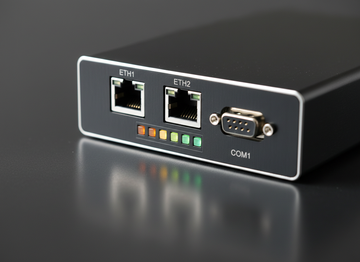 A dramatic macro shot of the front fascia of a SECSGEM communication module, focusing on the precisely machined Ethernet and serial ports, tiny engraved port numbers, and a narrow bar of status LEDs transitioning from amber to green. The device rests on a reflective dark graphite surface, with faint reflections of the ports adding depth. A single, controlled studio light from the right side creates strong yet refined highlights on metal edges and subtle gradients across the housing. Photographic realism with extremely shallow depth of field, rendering the background into a soft charcoal blur. The mood is high-end, meticulous, and performance-oriented, underscoring the precision and speed of industrial electronics communications.