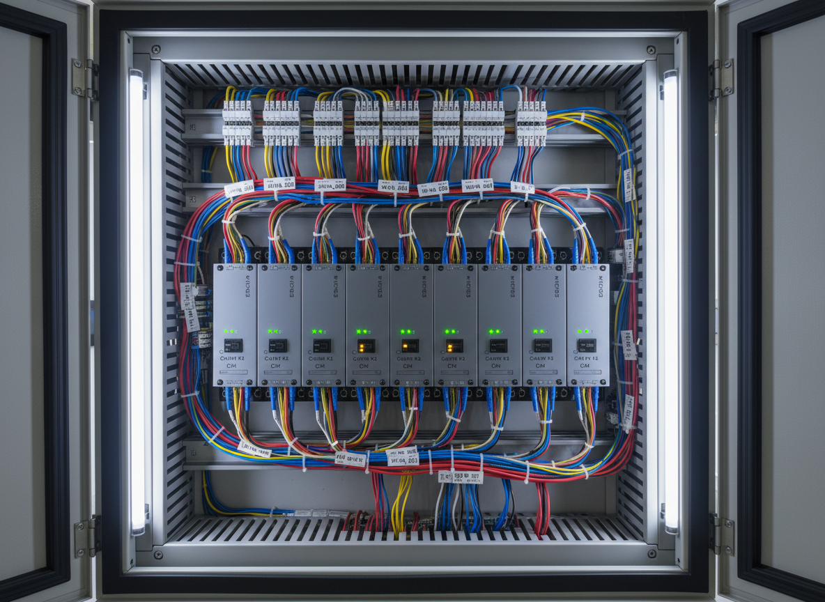 A row of high-speed SECSGEM devices mounted on DIN rails inside a meticulously wired industrial control cabinet. Each device has a matte gray housing, engraved channel labels, and bi-color LEDs indicating communication status, with most glowing a steady green. Multicolored control wires are bundled and routed with perfect right-angle turns using numbered cable markers. Even, cool-white panel lighting illuminates the interior, creating crisp, professional clarity with minimal shadows. Photographic realism from a straight-on perspective, with the cabinet door frame softly visible at the edges to provide context. The atmosphere is orderly, robust, and highly engineered, emphasizing reliability, scalability, and clean system integration for demanding industrial electronics environments.