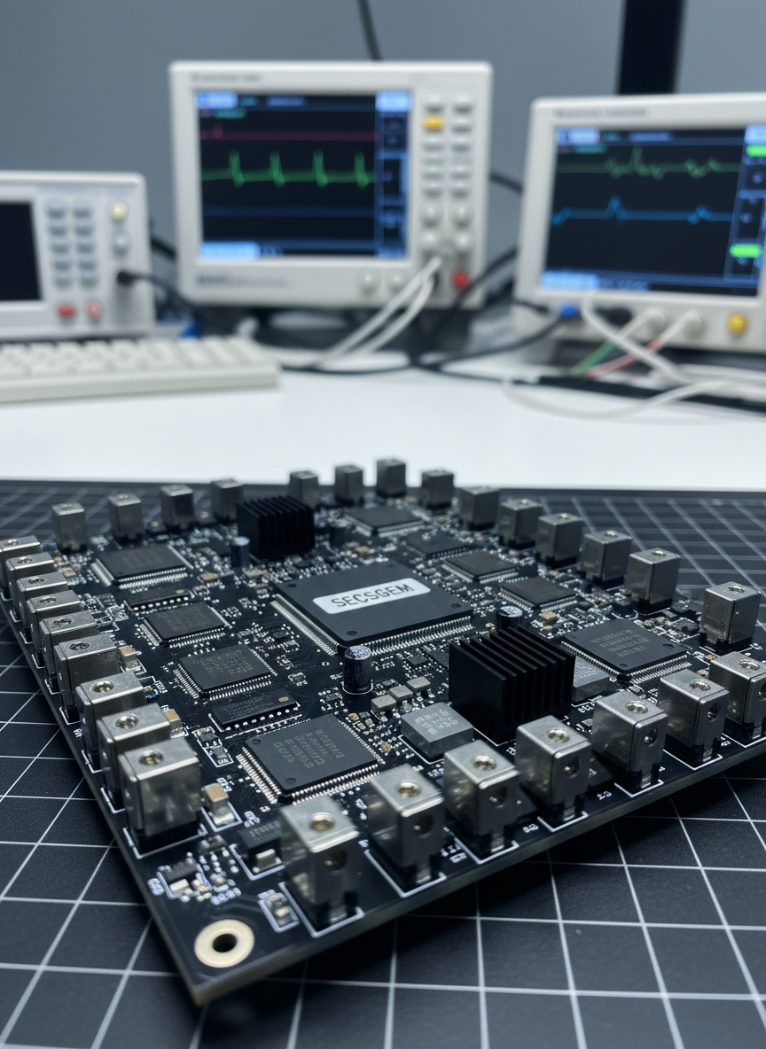 A close-up of a SECSGEM-compliant industrial electronics controller, its matte black PCB densely populated with high-speed processors, shielded connectors, and finely printed white reference markings. The board rests on an anti-static dark work surface inside a spotless electronics lab, with blurred oscilloscopes and protocol analyzers in the background. Cool, directional studio lighting from the top-left creates gentle reflections on solder joints and connector housings, highlighting intricate component detail. Photographic realism with a shallow depth of field draws attention to the SECSGEM label on the main communication chip. The mood is precise, technical, and focused on performance and signal integrity for semiconductor equipment integration.
