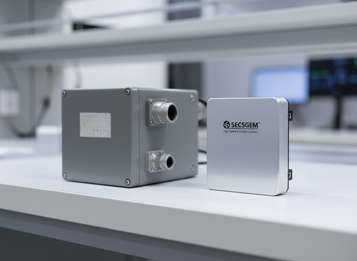 A side-by-side comparison layout featuring an older, bulkier industrial communication box and a new, slim SECSGEM device labeled “High-Speed & Brilliant Systems.” Both rest on a clean white technical bench surface within a neutral, softly lit lab environment. The new device has a compact, anodized aluminum housing with finely chamfered edges and clearly printed SECSGEM compliance icons, while the legacy unit appears more utilitarian and less refined. Soft, diffused studio lighting from above eliminates harsh shadows and enhances the metallic finishes. Photographic realism with a slightly elevated angle and balanced composition. The mood is forward-looking and professional, highlighting innovation, miniaturization, and improved performance in industrial electronics integration.