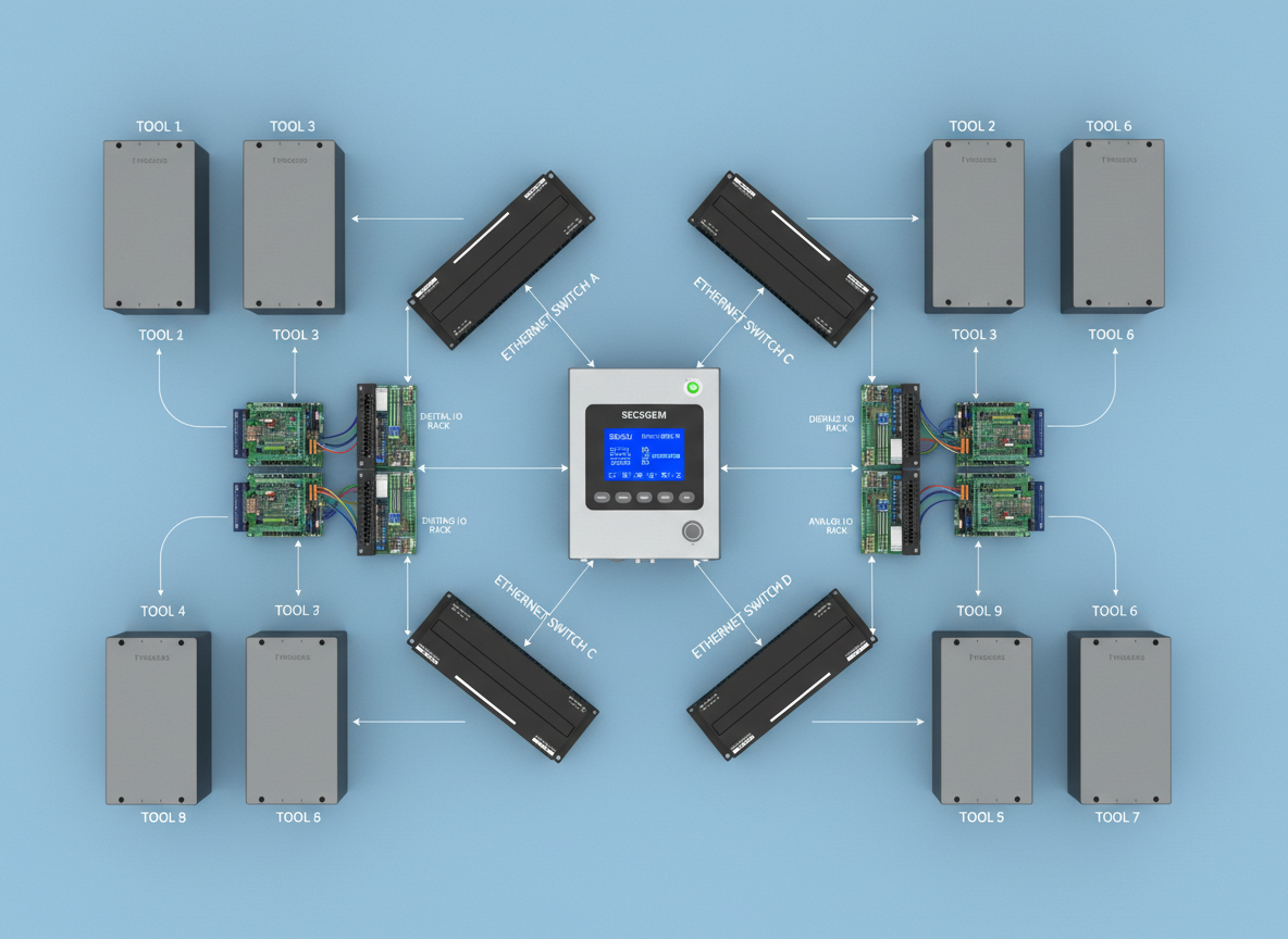 An overhead photographic view of a system architecture layout staged with real hardware: a central SECSGEM device surrounded by labeled network switches, industrial I/O modules, and generic semiconductor tools symbolized by minimalist, unbranded gray enclosures. Fine white lines and translucent arrows are subtly overlaid to illustrate communication paths and data flow, blending naturally with the hardware scene. Uniform, soft studio lighting ensures all components are clearly visible without harsh reflections. The composition is carefully arranged for visual hierarchy, with the SECSGEM unit centered and in sharp focus while peripheral elements are slightly softer. The atmosphere is analytical, structured, and highly professional, ideal for explaining complex industrial electronics system design while emphasizing reliable SECSGEM connectivity.